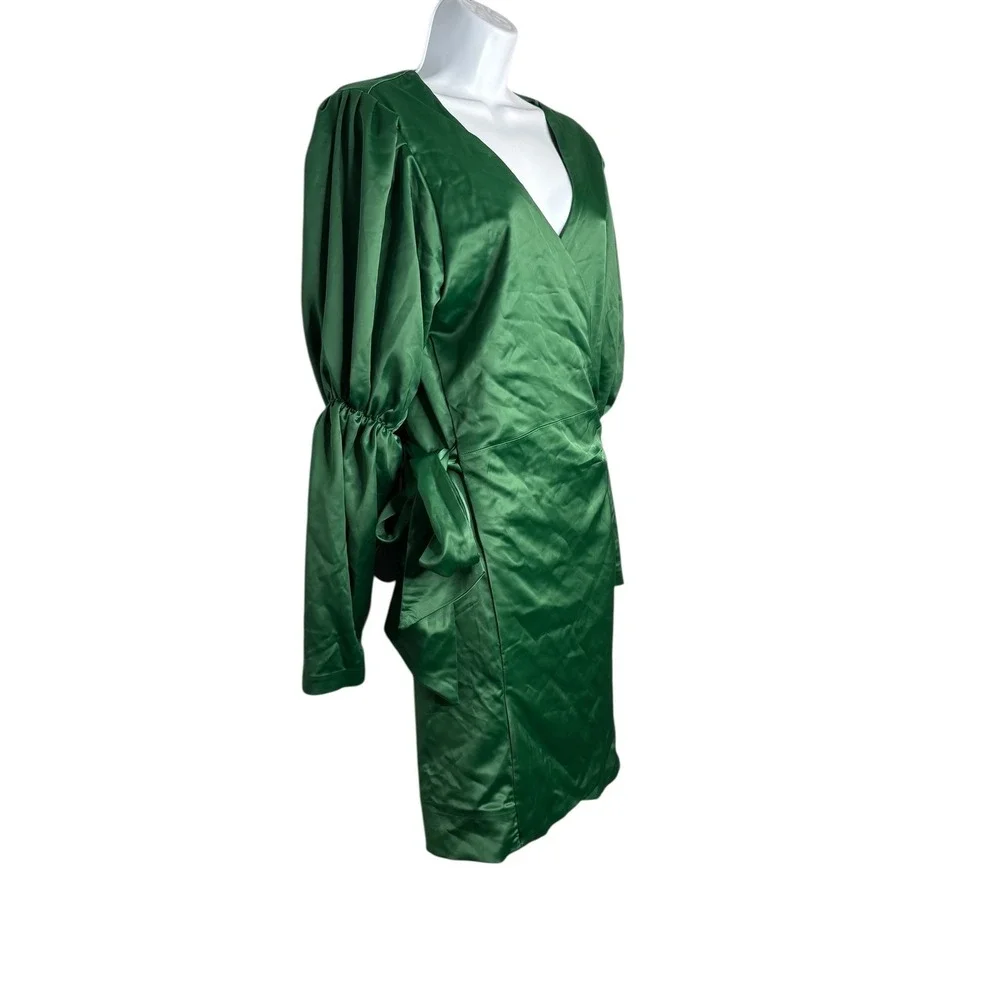 Marks & Curves Green Satin Wrap‎ Dress Womens Medium Emerald Bishop Sleeve Mini